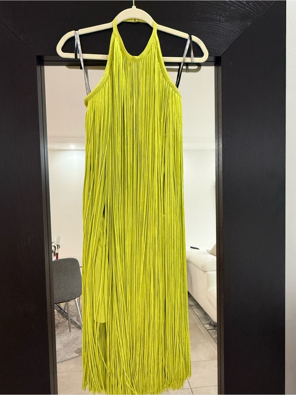 New Herve Leger Neon Lime Fringe Halter Midi Dress - Picture 6 of 12